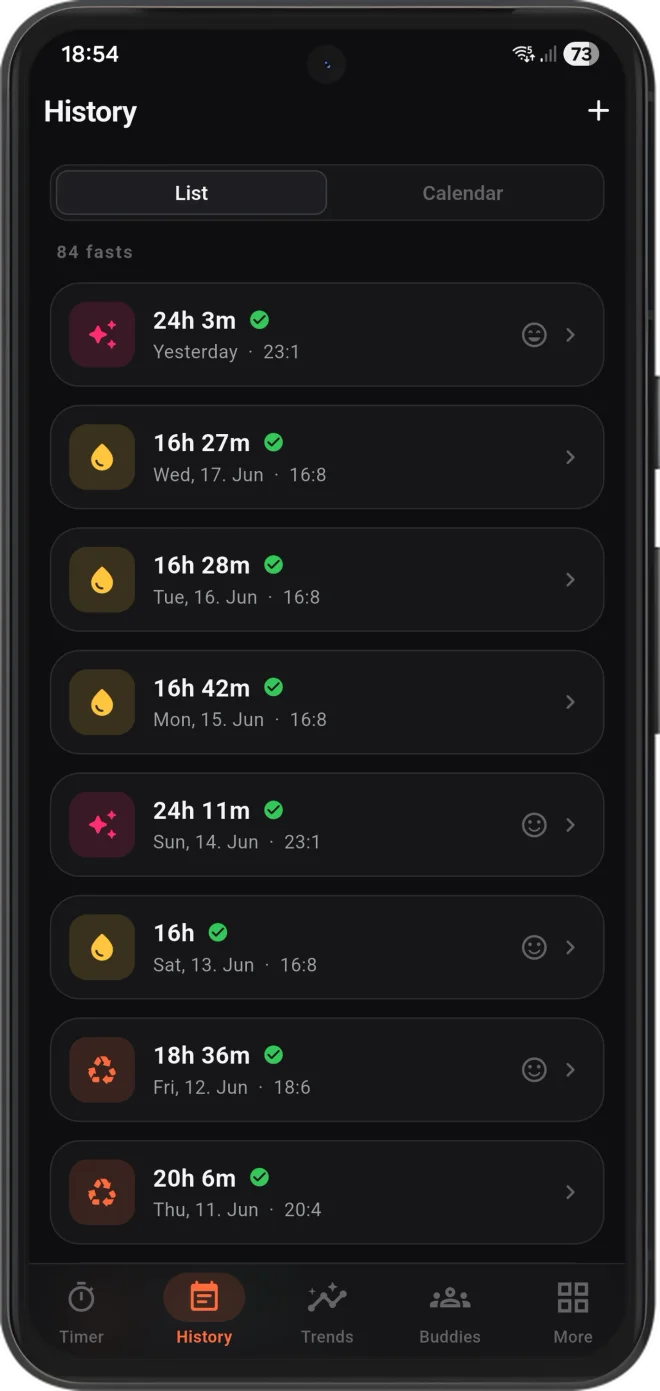 Temper fasting history and streak view
