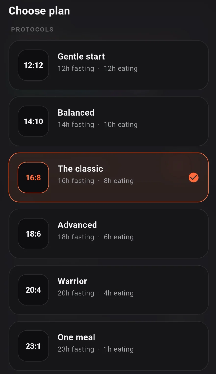 Temper fasting plan selection screen with built-in protocols